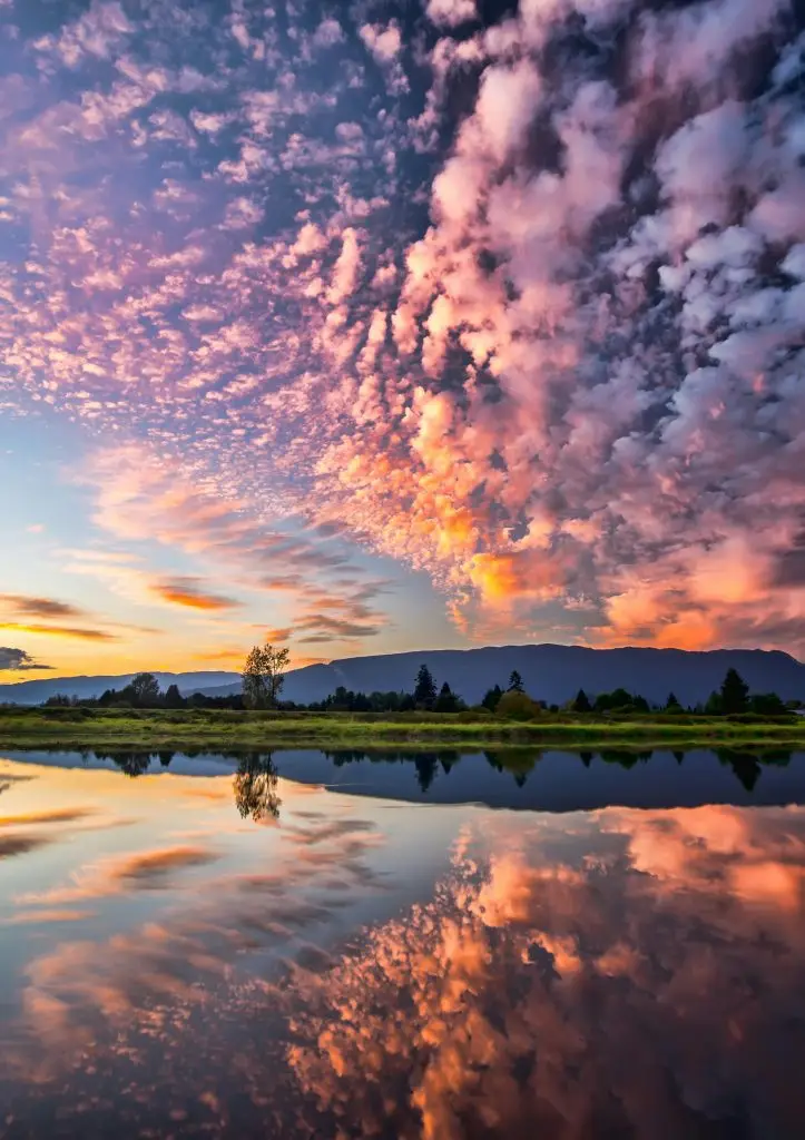 Captivating sunset with vibrant clouds and serene reflections over Pitt Meadows, BC.